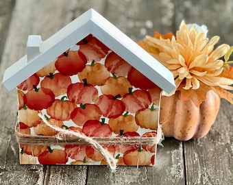 Large Decoupaged Wood Pumpkin House: Fall Decor Shelf Sitter