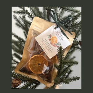 May include: A clear cellophane bag filled with dried orange slices, cinnamon sticks, and other potpourri ingredients. A tag tied with a green ribbon reads "Stovetop Christmas Potpourri" and "Merry Christmas!"