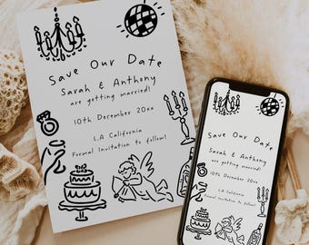 Hand Drawn Wedding Save the Date Template, Editable Save the date, Whimsical Wedding, Fun and Quirky, HD02