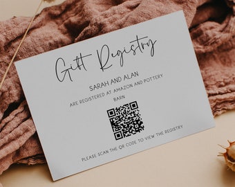 Plantilla de tarjeta de registro de boda minimalista, registro de regalos imprimible para baby shower, anexo de registro para despedida de soltera, código QR de inserción de tarjeta moderna.