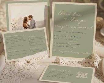Romantic Sage Green Wedding Invitation Suite Template, Printable RSVP Details Card, Templett, WD01