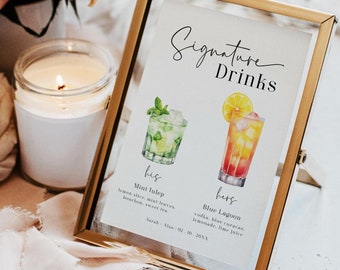 Signature Drinks Sign Template, Editable His and Hers Bar Sign, Wedding Signature Cocktail Sign, Bride and Groom Drink, Templett