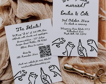 Minimalist Wedding Invitation Template, Editable Wedding Invite + Detail Card, Whimsical Hand Drawn Wedding, Fun Wedding Invitation, HD04