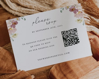 Printable Floral Rsvp with Qr code, Botanical QR Code Response Card, RSVP Online, Minimalist Wedding Reply Card, Garden Wedding, FLORA