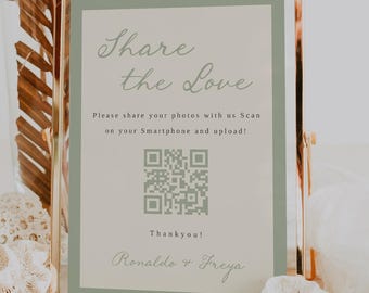 Share the Love Sign, Elegant Minimalist Wedding Photo Sharing, Custom QR Code Photo Sharing Template, Templett, WD01