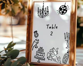Hand Drawn Table Number Sign Template, Editable Wedding Table Numbers, Whimsical Reception Decor, Whimsical Table Decor, HD02