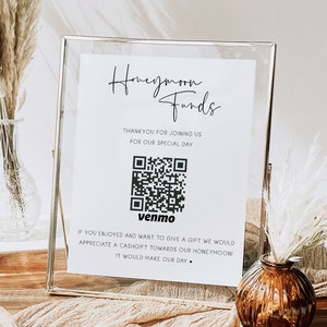 Printable Minimal Honeymoon Funds Sign, Venmo QR Code Modern Wedding Sign, Cashapp Wedding gift funds, Wedding Honeymoon Fund Sign, MIN01