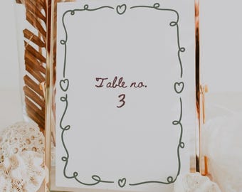 Minimalist Handwritten Table Number Sign Template, Editable Wedding Table Numbers, Whimsical Reception Decor, Whimsical Table Decor, HD03