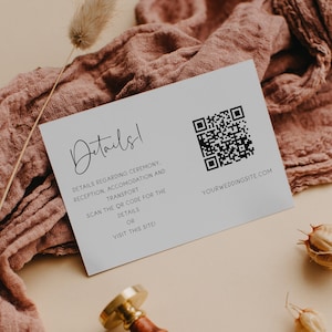 Modelo de cartão de detalhes de casamento com código QR minimalista imprimível, site de casamento QR, inserção de cartão Qr de detalhes, inserção moderna de detalhes de casamento, MIN01