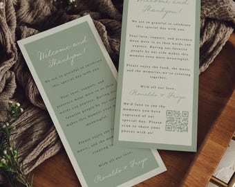 Wedding Thank You Card with Qr Code Template, Sage Green Welcome and Thank You Table Cards, Place Setting Note, Napkin Note, WD01