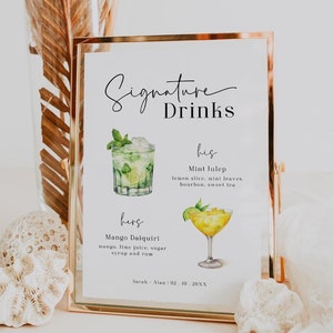 Signature Drinks Sign Template, Editable His and Hers Bar Sign, Wedding Signature Cocktail Sign, Bride and Groom Drink, Templett, Printable