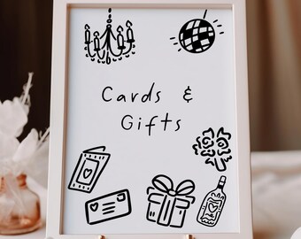 Handwritten Cards and Gifts Sign Template, Editable Wedding Sign Printable, Hand Drawn illustration, Whimsical Wedding Sign, HD02