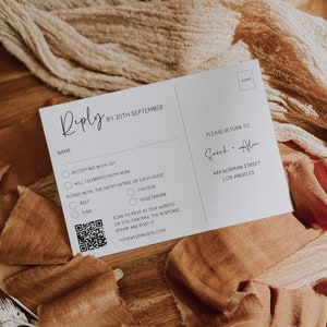 QR コード付き RSVP、ミニマリストの結婚式の返信カード、デジタル RSVP、結婚式の返信、QR コード付き RSVP ポストカード テンプレート、シンプルな返信カード、MIN01