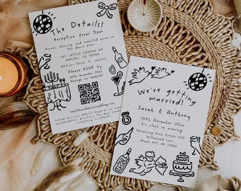 Hand Drawn Wedding Invitation Template, Editable Wedding Invite + Detail Card, Whimsical Wedding, Fun Wedding Invitation, HD02