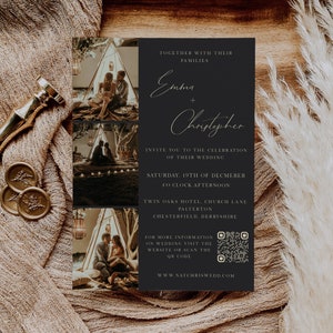 May include: A wedding invitation with a black background and gold text. The invitation features a photo collage of the couple in a rustic setting. The text reads "Together with their families, Emma + Christopher, invite you to the celebration of their wedding, Saturday, 19th of December, to clock afternoon, Twin Oaks Hotel, Church Lane, Palterton, Chesterfield, Derbyshire. For more information on wedding visit the website or scan the QR code, www.natchriswedd.com."