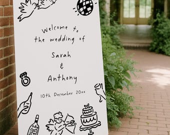 May include: A white wedding welcome sign with black line art illustrations of doves, a disco ball, a ring, a bottle, an angel, and a cake. The sign reads "Welcome to the wedding of Sarah & Anthony 10th December 20xx."