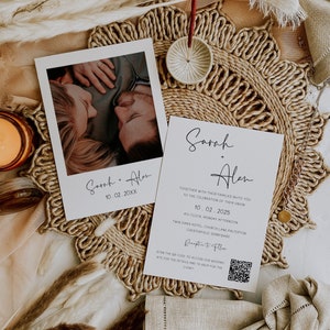 May include: A wedding invitation with a white background and black text. The invitation includes the names "Sarah + Alan", the date "10.02.2025", the time "4:00 Clock, Monday Afternoon", the location "Twin Oaks Hotel, Church Lane Palterton, Chesterfield, Derbyshire", and a QR code. The invitation also includes a photo of a couple.