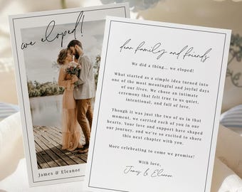 Minimalist Elopement Announcement Template, Photo Elopement, We Eloped Card, Minimalist, Editable Template, MIN04