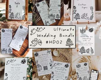 Whimsical Wedding Templates Bundle, DIY Hand Drawn Wedding Stationery Set and Editable Templates and Printable, HD02