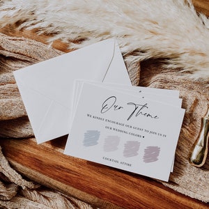 Modèle de carte de tenue de mariage, carte d'insertion modifiable pour code vestimentaire invité, palette de couleurs de mariage, cartes de tenue de mariage bricolage chic, Templett