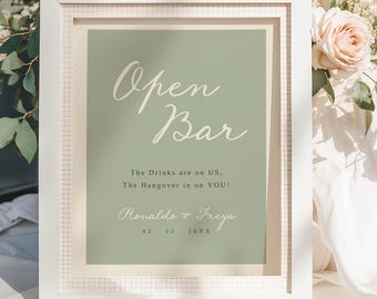 Open Bar Sign Template, Drinks Are On Me, Fun Editable Wedding Drink Sign, Minimalist, Templett, WD01