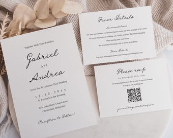 Wedding Invitation Suite Template, Elegant Editable Template, QR Code RSVP and Detail Card, Modern Minimalist Printable Set, Templett, WD02