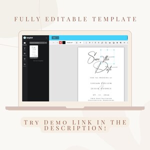 May include: A laptop screen displaying a wedding save the date template with a light blue background and the text "Save the Date" in a cursive font. The template is editable and includes the names Logan Cullen and Jessie George, the date 09.11.20xx, and the location Twin Oaks Palterton, Chesterfield, Derbyshire.
