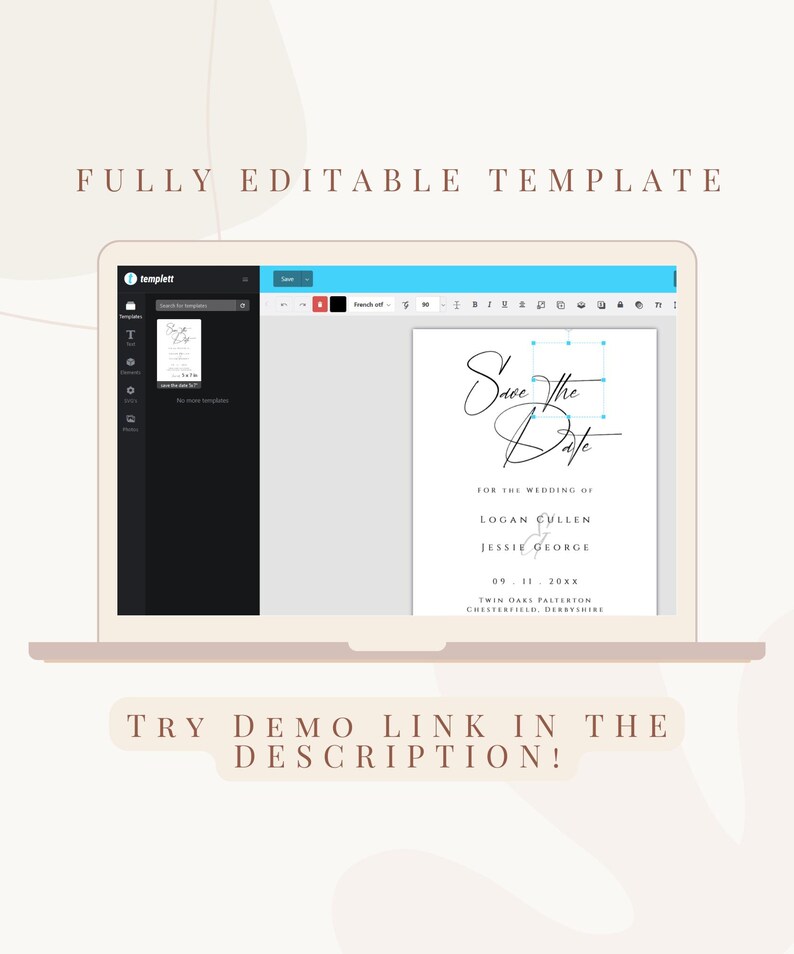 May include: A laptop screen displaying a wedding save the date template with a light blue background and the text "Save the Date" in a cursive font. The template is editable and includes the names Logan Cullen and Jessie George, the date 09.11.20xx, and the location Twin Oaks Palterton, Chesterfield, Derbyshire.