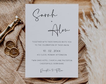 May include: A wedding invitation card with a white background and black text. The card reads "Sarah + Alan" at the top, followed by the wedding date, time, and location. The text at the bottom reads "Reception to Follow".