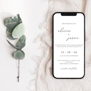 May include: A wedding invitation on a smartphone screen. The invitation is for the wedding of Olivia and Jason on December 19th, 2024 at 4:00 PM. The wedding will be held at the Twin Oaks Hotel in Palterton, Chesterfield, Derbyshire. The invitation states that a reception will follow.