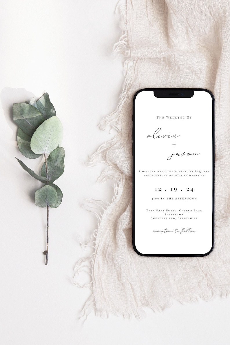 May include: A wedding invitation on a smartphone screen. The invitation is for the wedding of Olivia and Jason on December 19th, 2024 at 4:00 PM. The wedding will be held at the Twin Oaks Hotel in Palterton, Chesterfield, Derbyshire. The invitation states that a reception will follow.