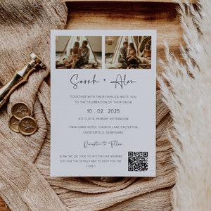 May include: A white wedding invitation with two photos of a couple in a bohemian setting. The invitation includes the couple's names, "Sarah + Alan", the wedding date, "10.02.2025", the time, "4'O CLOCK, MONDAY AFTERNOON", the location, "TWIN OAKS HOTEL, CHURCH LANE PALTERTON CHESTERFIELD, DERBYSHIRE", and the reception details. A QR code is included to access the wedding website.