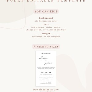 May include: Editable wedding invitation template with a white background and black text. The text reads "The Wedding of Olivia & Jason" with the date "12.19.24" and the location "Twin Oaks Hotel, Church Lane, Croftsfield, Derbyshire".