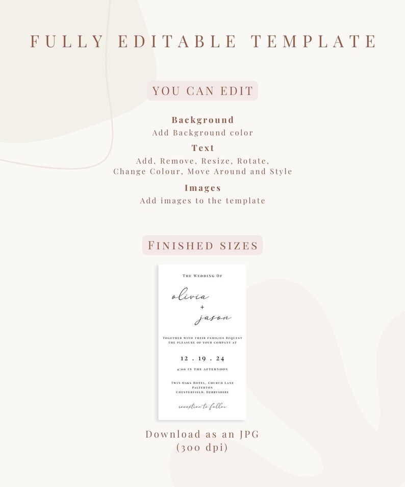 May include: Editable wedding invitation template with a white background and black text. The text reads "The Wedding of Olivia & Jason" with the date "12.19.24" and the location "Twin Oaks Hotel, Church Lane, Croftsfield, Derbyshire".