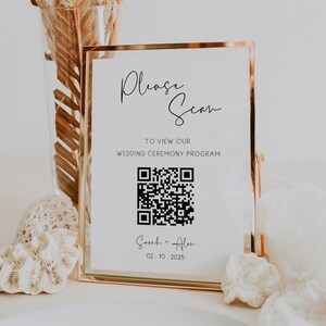 Programme de mariage imprimable, modèle de signes de code Qr, Scannez le code QR pour l’ordre de service, Panneaux modernes et minimalistes, Scan To View, MIN01