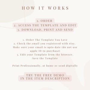May include: A pink and beige graphic with the text "HOW IT WORKS" in brown. The graphic explains how to order, access, download, print, and send a template. It also includes the text "TRY THE FREE DEMO IN THE ITEM DESCRIPTION".