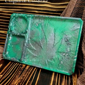 Emerald & Gray Resin Rolling Tray, Large Smoke Tray, Pot leaf Marbling Tray, Stoner Girl Gifts, Rolling Tray, One-of-a-kind, 11.4"x7.5"