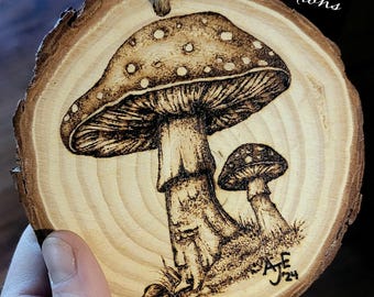 Wood Burned Mushroom Ornament: Handmade Pyrography Art