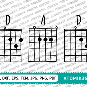May include: A black and white illustration of three guitar chord diagrams. The chords are labeled 'D', 'A', and 'D'.