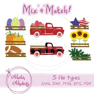 Set of 8- Red Pickup Truck with Interchangeable Holiday Pieces and Buffalo Plaid Overlay  - SVG and DXF design for Cricuts and Silhouettes