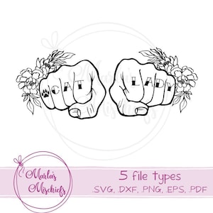 May include: Black and white line art design of two fists with the words "CAT LADY" tattooed on the knuckles. The fists are surrounded by floral designs.