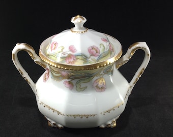 Açucareiro antigo Bawo & Dotter Limoges Elite Works em porcelana floral com acabamento dourado