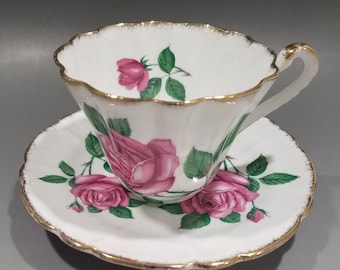 Vintage Gladstone England Bone China Tea Cup Saucer Set Cabbage Roses Gold Spray