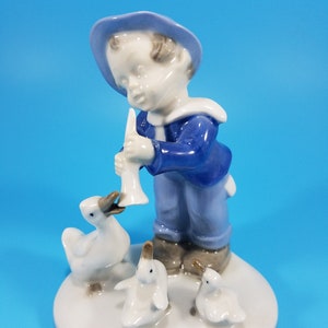 Lippelsdorf GDR Porcelain Boy With Horn & Ducks Figurine Vintage Germany