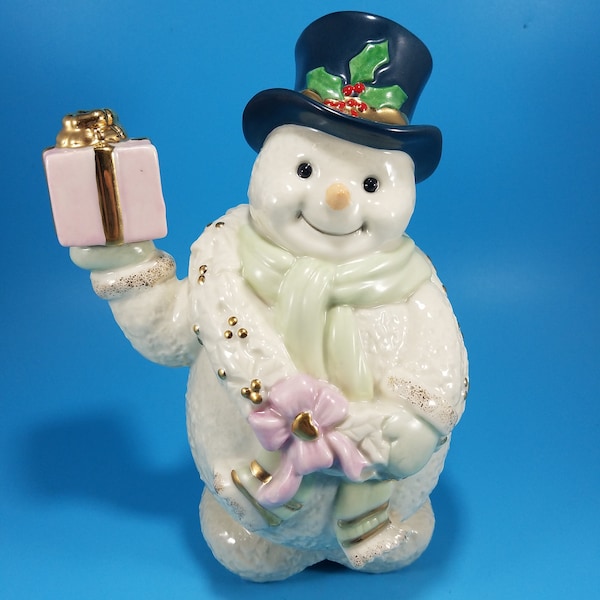 Lenox Bone China 7" Holiday Mr. Snowman Figurine With Present Retail Exclusive Pink Gift