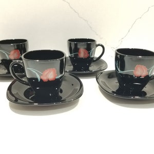 4 sets Arcoroc France Pavot Black Glass Poppy Coffee Demitasse Cups & Saucers