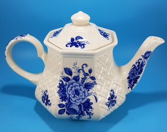 Lindo Sadler Inglaterra Azul Windsor Bule de chá em relevo treliça floral RARO