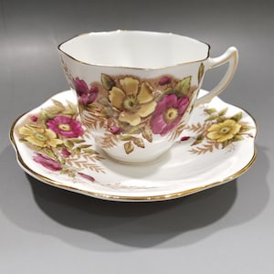Vintage ROSINA Bone China Made in England Floral Tea Cup & Saucer Set Pink Yellow Flowers 4999