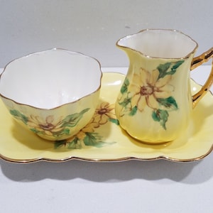Vntg Old Royal Bone China England Sugar Creamer Underplate Set Floral Gold Trim