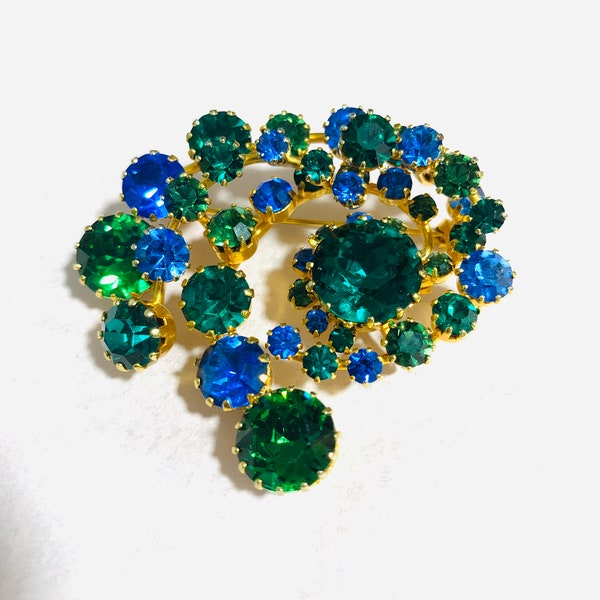 Karu Arke Inc. Austria Stunning Sparkly Blue & Green Rhinestone Pin Brooch Vintage Jewelry